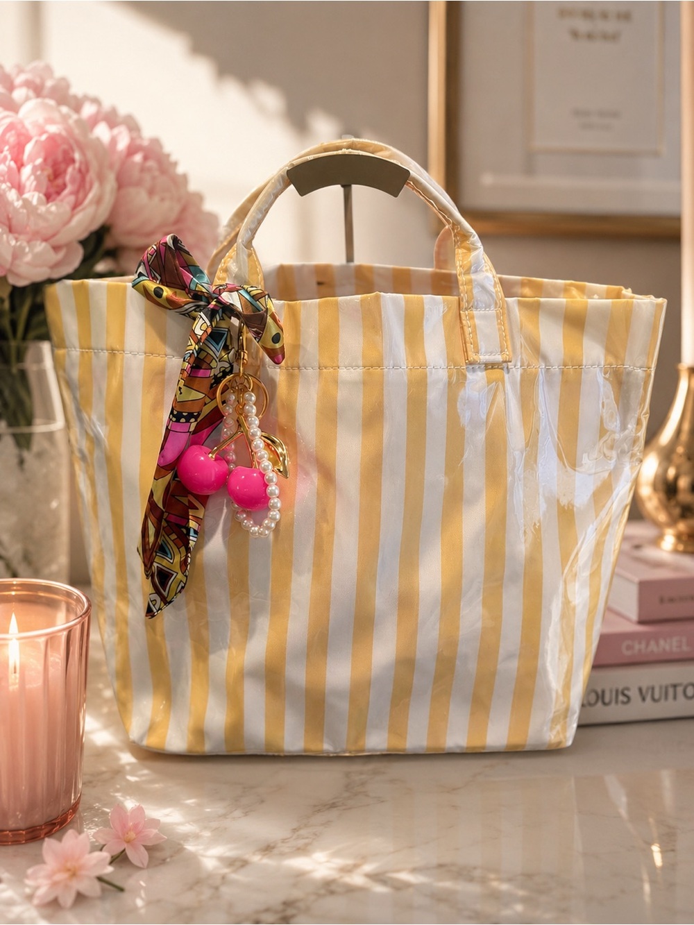 Striped Yellow & White Tote Bag with Decorative Scarf